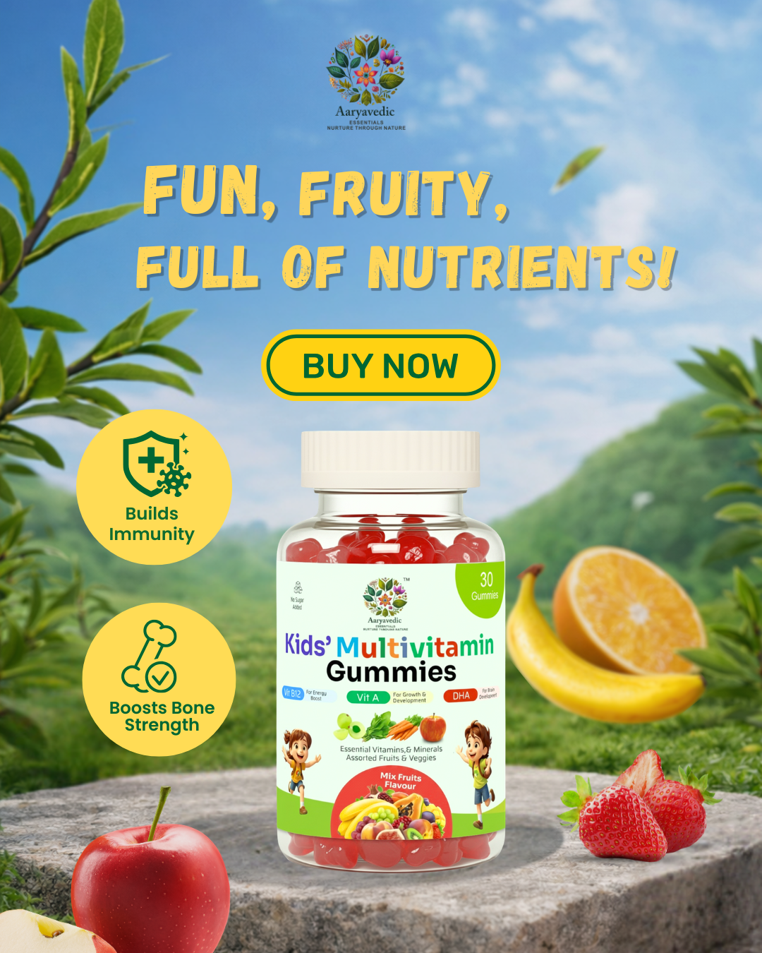 Kids Multivitamins Gummies | With 12+ Vitamins & Minerals | No Added Sugar | Mix Fruits Flavour | 30 Gummy Bears